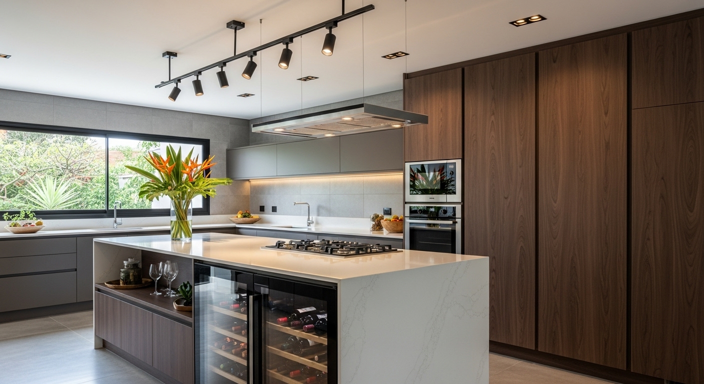 Cozinha moderna com armários de madeira escura e iluminação de trilho. A ilha central possui uma adega de vinhos embutida, e o ambiente é complementado por janelas amplas que oferecem vista para o jardim. A combinação de tons sóbrios e iluminação suave confere um toque contemporâneo e acolhedor.