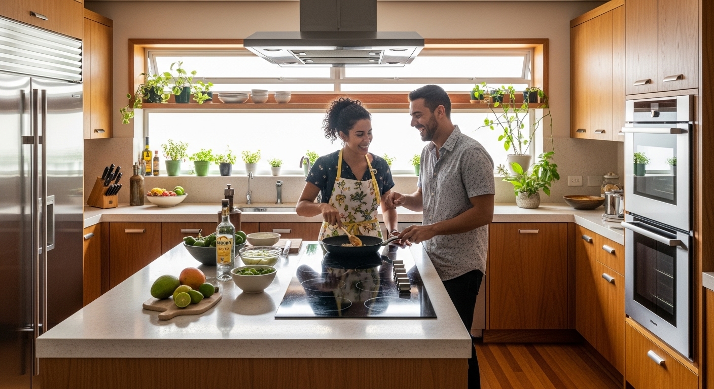 Cozinha de estilo acolhedor, com armários de madeira clara e plantas decorativas nas prateleiras. Um casal está cozinhando juntos, criando um ambiente descontraído e familiar. A luz natural entra pelas janelas, destacando a sensação de calor e conexão com a natureza.