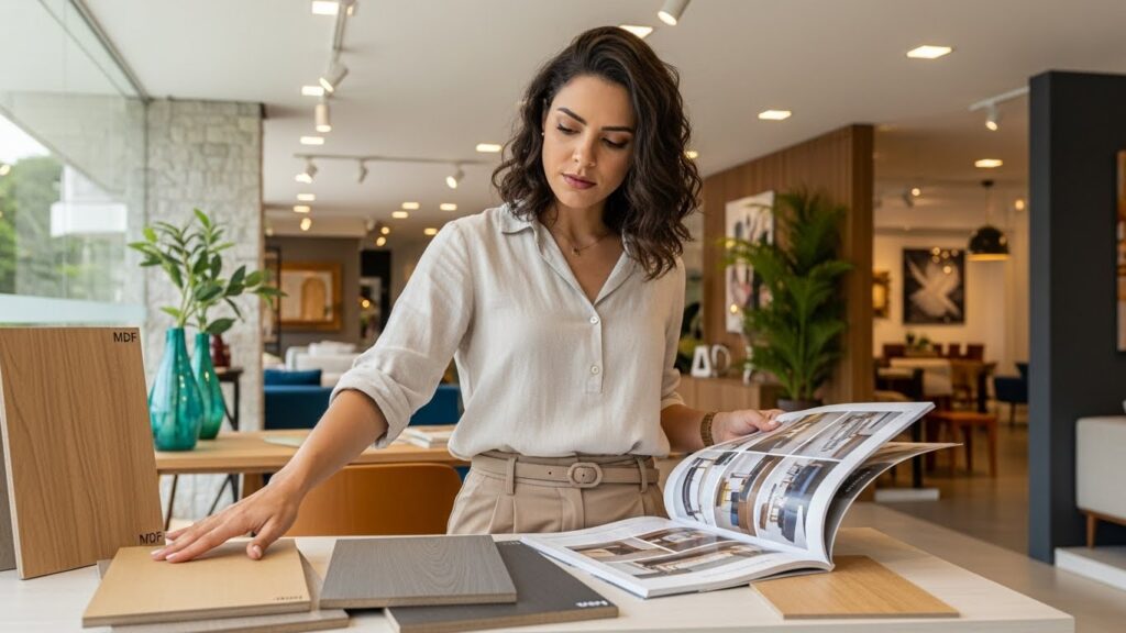 Mulher em loja de móveis analisando amostras de MDF sobre uma mesa e folheando um catálogo de ambientes planejados; ao fundo, há sofás, cadeiras e objetos de decoração em um ambiente bem iluminado.