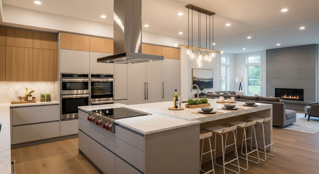 Cozinha moderna com armários de tons claros e detalhes em madeira. A ilha central é destacada por uma bancada de mármore elegante, com fogão e eletrodomésticos de última geração. O ambiente está integrado à sala de estar, com muita luz natural e uma lareira ao fundo, criando um espaço acolhedor e sofisticado