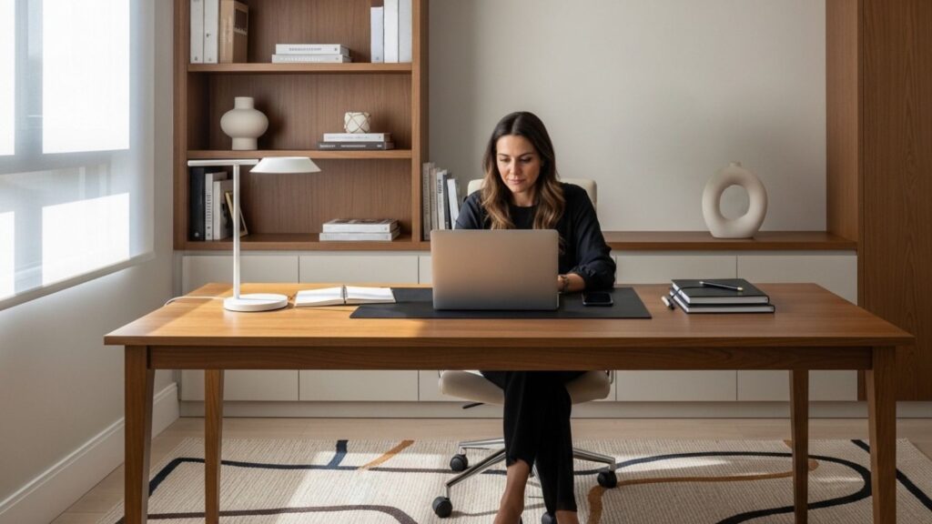Mulher trabalhando em notebook em home office de alto padrão. Ambiente com mesa de madeira maciça, estante de livros integrada, iluminação minimalista e tapete geométrico contemporâneo em tons neutros.