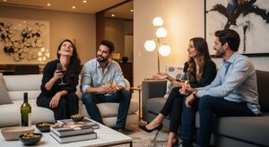 Quatro amigos conversando e bebendo vinho em uma sala de estar moderna com sofá cinza, mesa de centro com petiscos e luminária de pé com globos de luz.