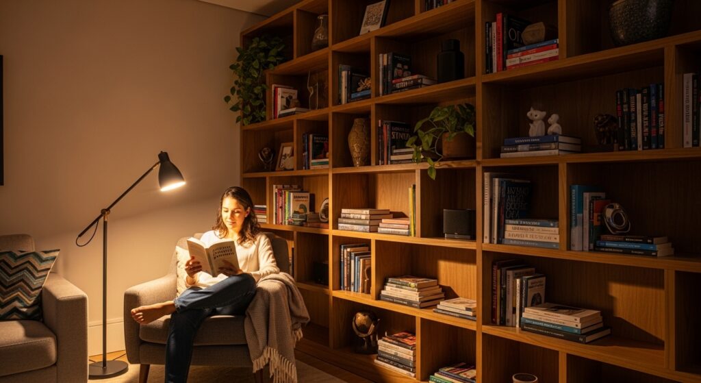 Mulher lendo livro em poltrona confortável ao lado de uma grande estante de livros de madeira em ambiente com iluminação quente e aconchegante.