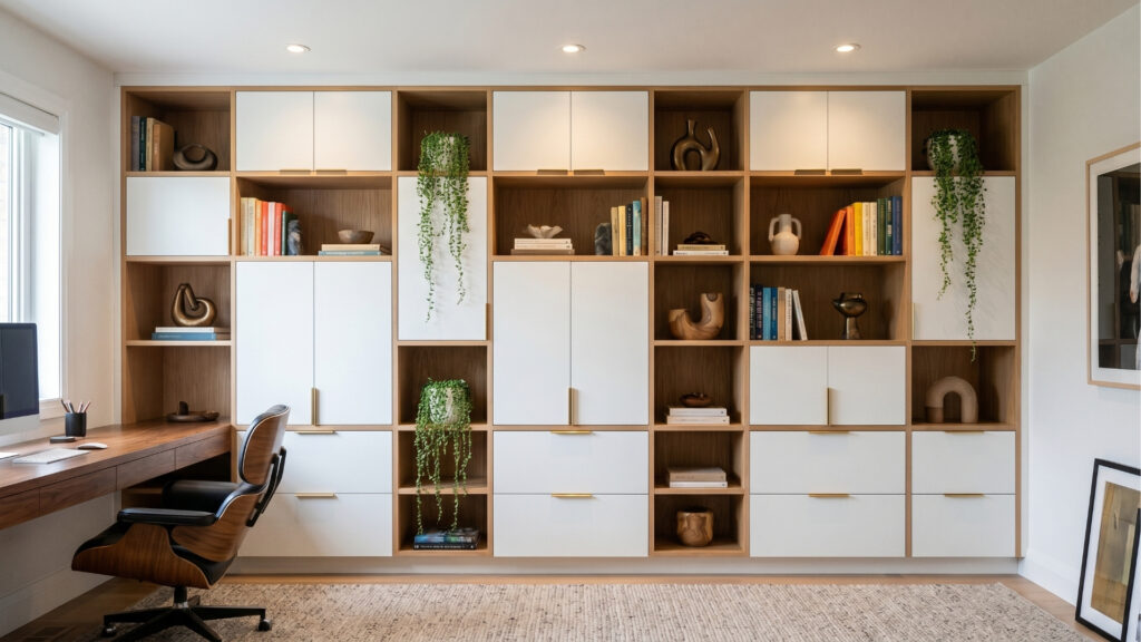 Home office planejado com estante de nichos em madeira clara e portas brancas, decorada com livros, plantas suspensas e objetos de design. Inclui escrivaninha de madeira integrada e cadeira de escritório ergonômica clássica.