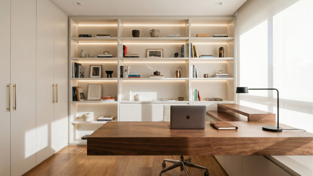 Escritório home office planejado moderno com ampla bancada em madeira nogueira e estante branca ao fundo com iluminação em LED embutida nas prateleiras. Ambiente clean com luz natural e armários planejados laterais.